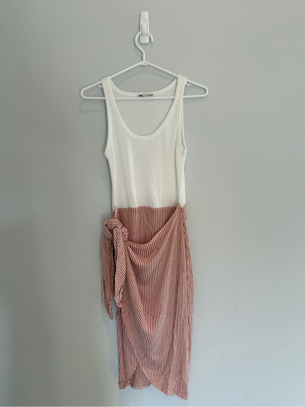 Zara Striped Mixed Media Side Tie Midi Dress White Rust Red (S)